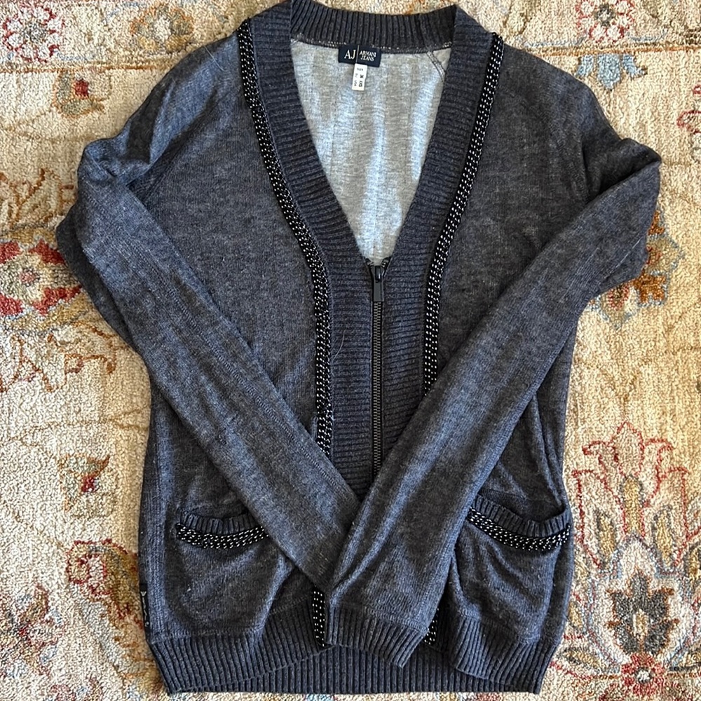 Armani jeans gray sweater with silver and black chain. Very soft size XXS